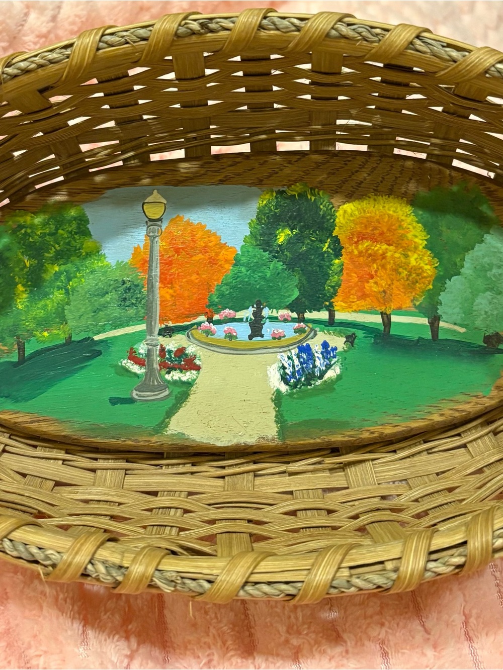 Hand-Painted Park Scene Woven Wall Art - Green, Orange, Yellow Accent